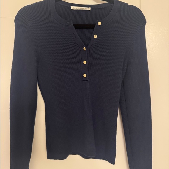 Abercrombie Women's Navy Ribbed Button-Up Top - Picture 2 of 4